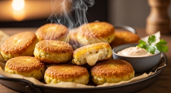 Diez buñuelos de coliflor dorados en una bandeja con papel de horno, uno partido muestra queso fundido y vapor. Al lado, un tazón con salsa y cilantro.