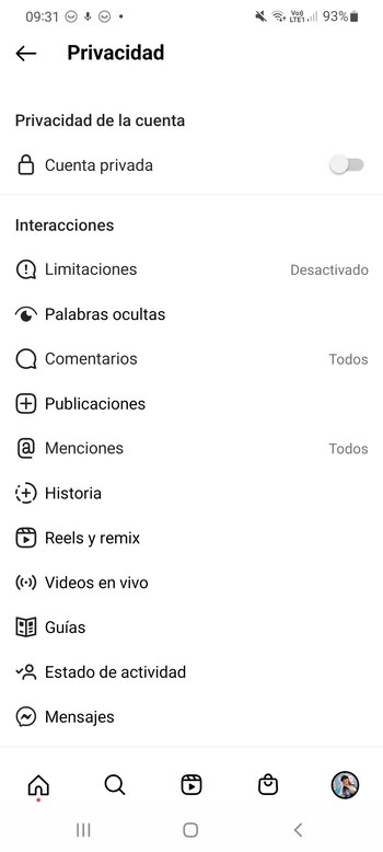 Para activar la opción Cuenta