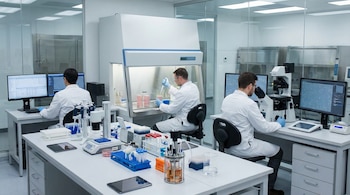 Vista interior de un laboratorio moderno. Tres científicos en guardapolvos blancos y guantes azules operan equipos de alta tecnología y monitores con datos.