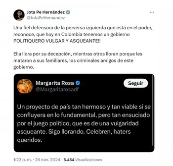 Jota Pe Hernández reaccionó al mensaje de Margarita Rosa con una crítica directa - crédito @JotaPeHernandez/X