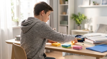 Un joven sentado de perfil frente a un escritorio con bloques de notas adhesivas de colores, libros y cuadernos.
