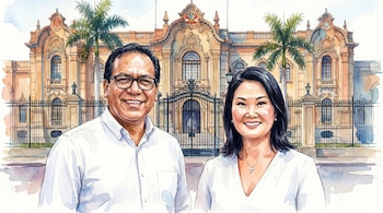 Ilustración acuarela de Roberto Sánchez y Keiko Fujimori sonrientes, de pie frente al Palacio de Gobierno de Perú, un edificio claro con rejas y palmeras.