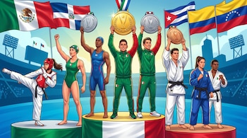 Ocho atletas en un podio con medallas de oro, plata y bronce; visten uniformes de deporte. Fondo con banderas nacionales y un estadio.