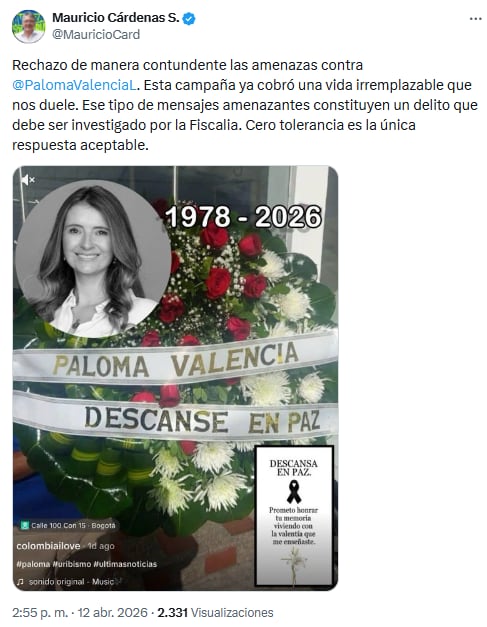 Mauricio Cárdenas exigió a la Fiscalía investigar amenazas y pidió “cero tolerancia” ante la violencia política - crédito @MauricioCard/X