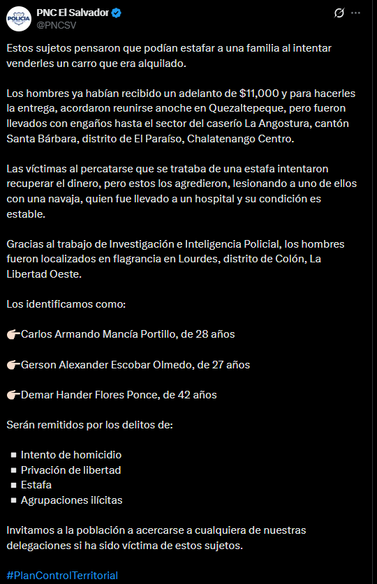 Policía de El Salvador detiene a tres acusados de estafa por un carro: USD 11.000 de adelanto, un traslado con engaños y una agresión con navaja.