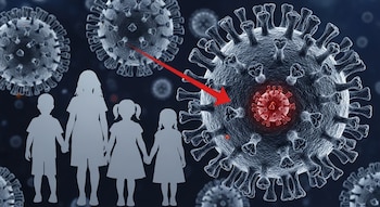 Cuatro siluetas de niños sobre fondo oscuro con múltiples virus SARS-CoV-2. Una flecha roja señala una variante de virus rojo incrustada en una más grande.