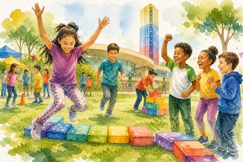 Ilustración en acuarela de varios niños jugando sobre el césped de un parque con bloques coloridos y edificios al fondo.
