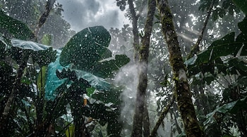 Grandes hojas verdes y troncos de árboles bajo una lluvia intensa con vapor de agua ascendiendo hacia un cielo nublado.