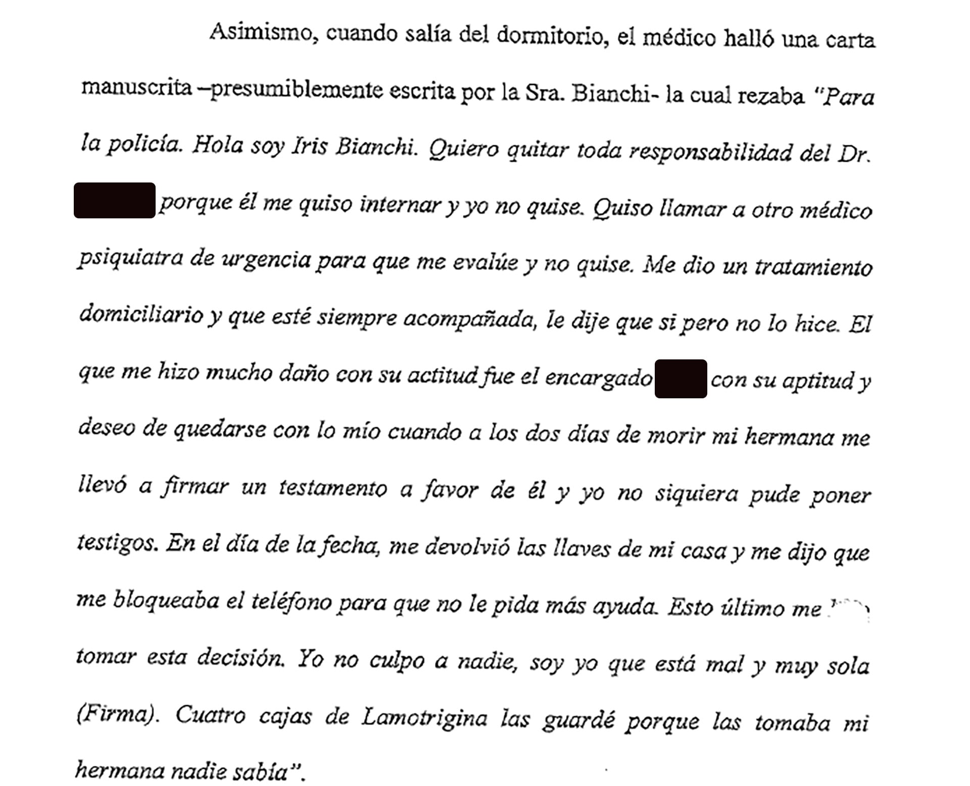 Un documento judicial transcribe una carta manuscrita atribuida a Iris Alba Bianchi en la que desvincula a su médico de responsabilidades.