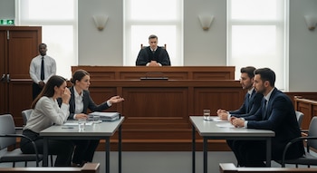 Juez en estrado de madera, dos mujeres en una mesa, dos hombres en otra, un oficial de seguridad de pie, y ventanas altas en la sala de tribunal.