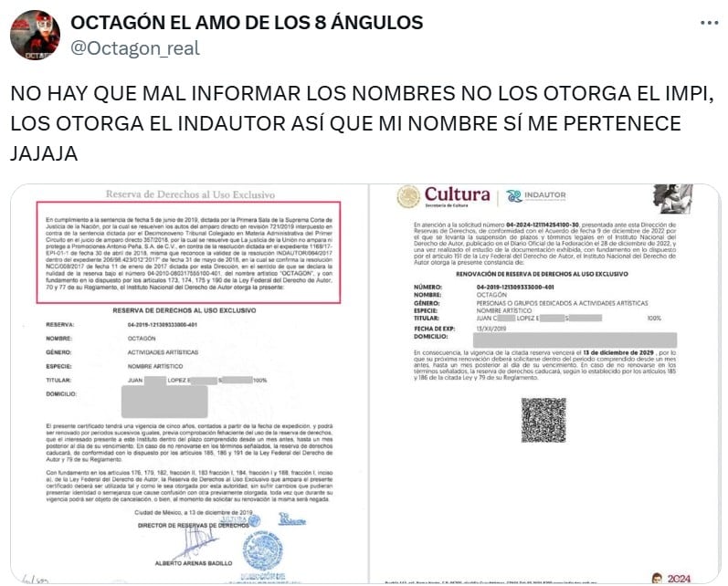 El Amo de los Ocho Ángulos exhibe el documento que le permite demostrar que él es el verdadero dueño del nombre.