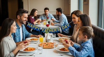 Una familia celebra el Día del Padre en un restaurante, con adultos y niños sentados alrededor de una mesa con comida, regalos y un cartel de "Happy Father's Day".