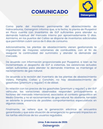 Osinergmin comunica el estado de