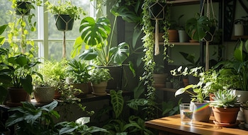 Numerosas plantas de interior verdes en macetas y colgantes, iluminadas por la luz del día que entra por una ventana, con un vaso de agua en una mesa de madera.