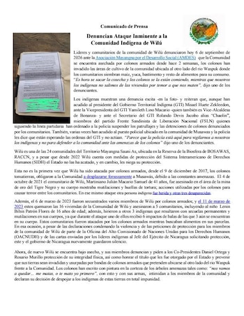 Las denuncias del 6 de septiembre de 2026 incluyeron un ataque con machetes contra futbolistas en Mayangna Sauni Bu y la presencia de hombres armados en Wilú, dentro de Mayangna Sauni As. (Imagen: Centro de Asistencia Legal a Pueblos Indígenas)