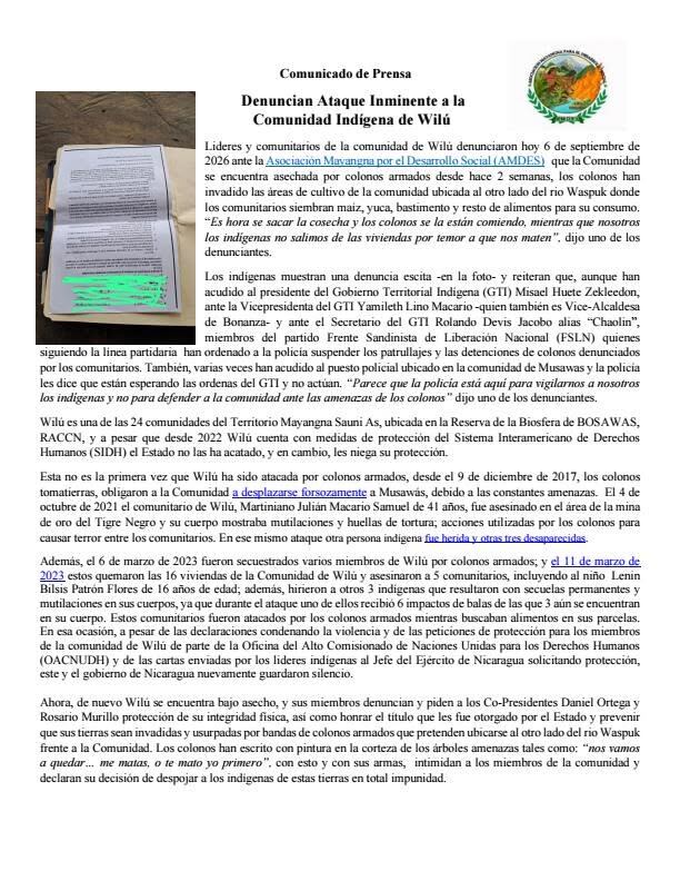 Las denuncias del 6 de septiembre de 2026 incluyeron un ataque con machetes contra futbolistas en Mayangna Sauni Bu y la presencia de hombres armados en Wilú, dentro de Mayangna Sauni As. (Imagen: Centro de Asistencia Legal a Pueblos Indígenas)