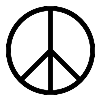 Un símbolo de la paz en color negro sobre un fondo blanco liso. Consiste en un círculo con tres líneas interiores que convergen en el centro inferior