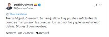 Daniel Quintero defendió a su hermano, Miguel Quintero, y afirmó que las pruebas en su contra fueron "manipuladas" - crédito @QuinteroCalle/X