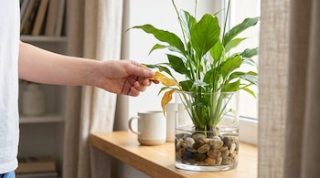 Una mano toma una hoja amarilla de una planta verde dentro de un recipiente de vidrio con agua y piedras junto a una ventana.