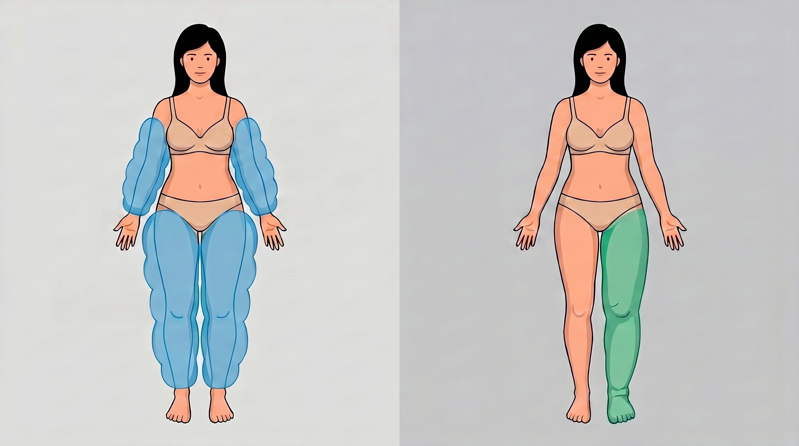El lipedema y el linfedema se diferencian por su origen, ya que el primero altera la distribución de grasa y el segundo deriva de un fallo del sistema linfático con retención de líquido (Imagen Ilustrativa Infobae)