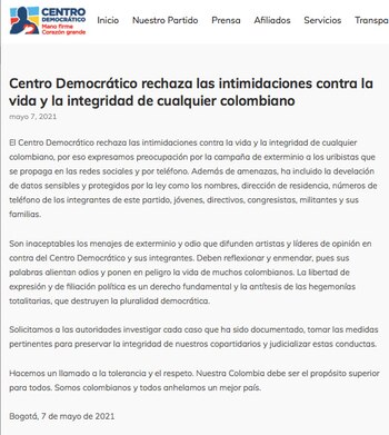 Exterminio del Centro Democrático. Comunicado.