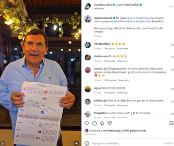 El artista invitó a votar por su hija en las elecciones al Congreso del 8 de marzo de 2026 - crédito @ponchozuletadiaz/IG