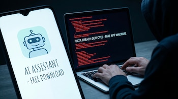 Una persona con capucha teclea en un portátil mostrando código y un mensaje de malware, mientras un teléfono cercano exhibe una app de "AI Assistant".