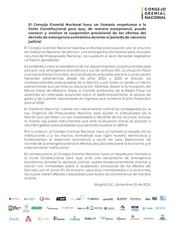 Consejo Gremial Nacional explicó las