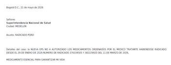 Paciente radicó queja ante la Supersalud por el no suministro de un medicamento - crédito @JenniferPedraz/X