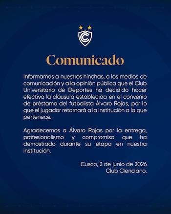 Álvaro Rojas se marcha de cesión luego de seis meses. Crédito: X Cienciano.