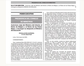 Dina Boluarte autoriza viaje de Ministro Juan José Santiváñez a Europa pese a enfrentar denuncias de presunto cobro de sobornos. (Captura: Diario El Peruano)