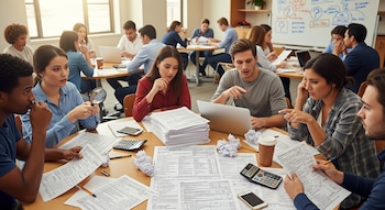 Jóvenes sentados en una mesa llena de formularios, calculadoras y papeles arrugados. Una chica usa una lupa, otros señalan documentos con expresiones de concentración.