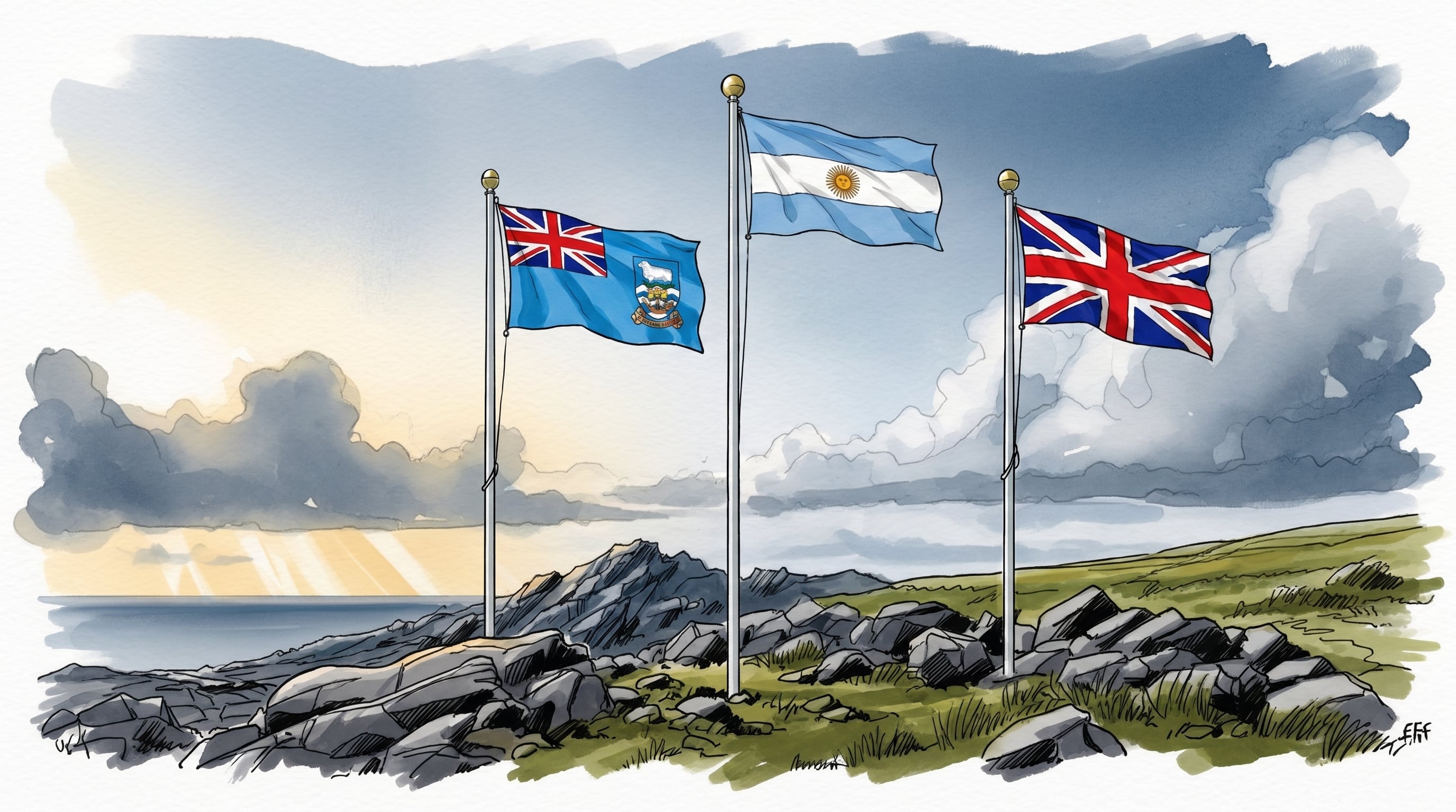 Ilustración de las banderas de las Islas Malvinas, Argentina y Reino Unido ondeando en tres mástiles, representando la compleja disputa territorial sobre el archipiélago en el Atlántico Sur. (Imagen Ilustrativa Infobae)