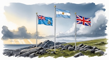 Ilustración acuarela de tres banderas ondeando sobre un paisaje costero rocoso: la de Malvinas a la izquierda, Argentina en el centro y Reino Unido a la derecha.