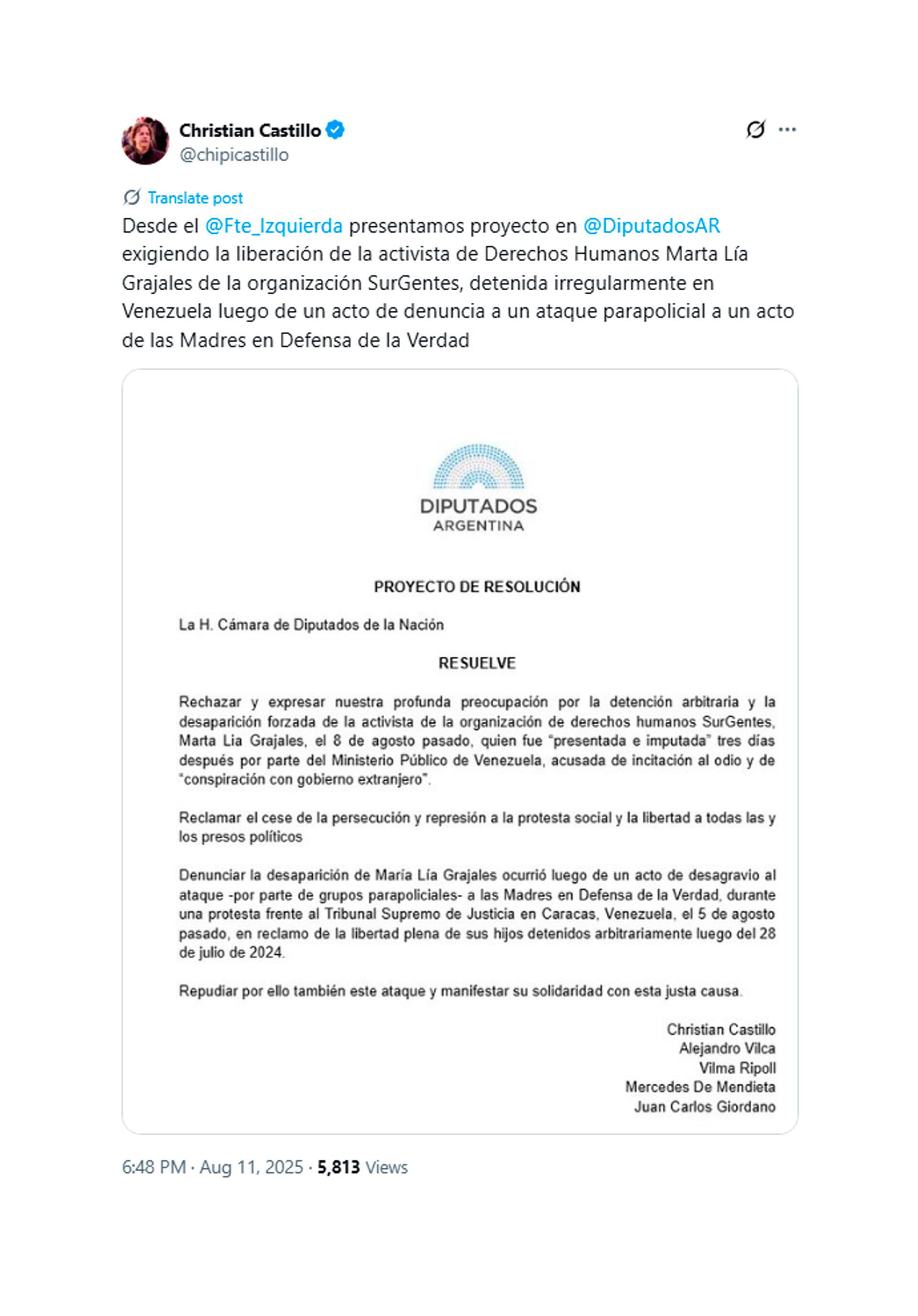 El tuit del diputado Christian Castillo con el proyecto de resolución de la Cámara de Diputados ante la detención y desaparición de Grajales (@chipicastillo)