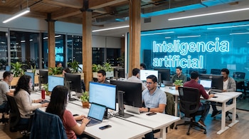 Oficina con varias personas trabajando en computadoras; un cartel luminoso azul con "Inteligencia artificial" está al fondo.
