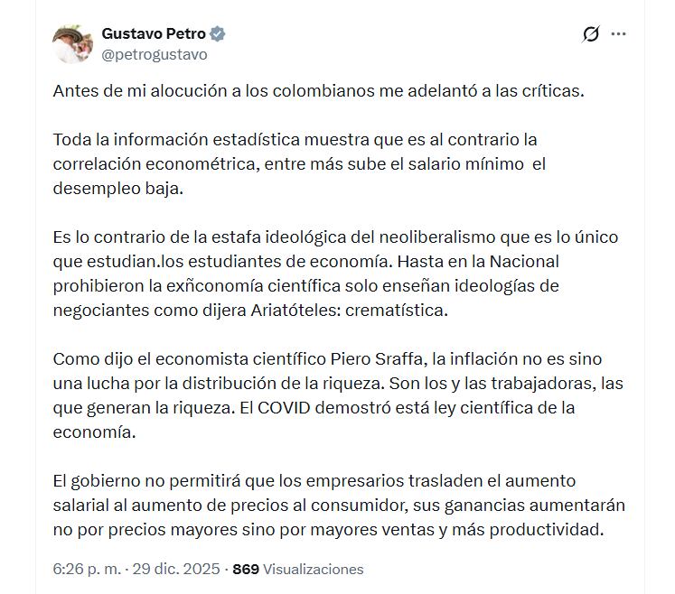A minutos de anunciar la cifra final del incremento del salario mínimo para 2026, el presidente Gustavo Petro anticipó las críticas en un mensaje en redes sociales - crédito @petrogustavo/X