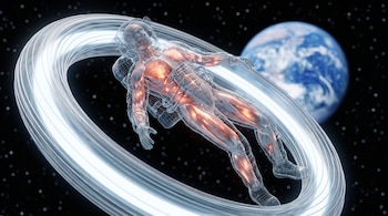 Cuerpo humano en traje de astronauta con músculos iluminados dentro de un anillo de gravedad artificial, flotando en el espacio con la Tierra y estrellas.
