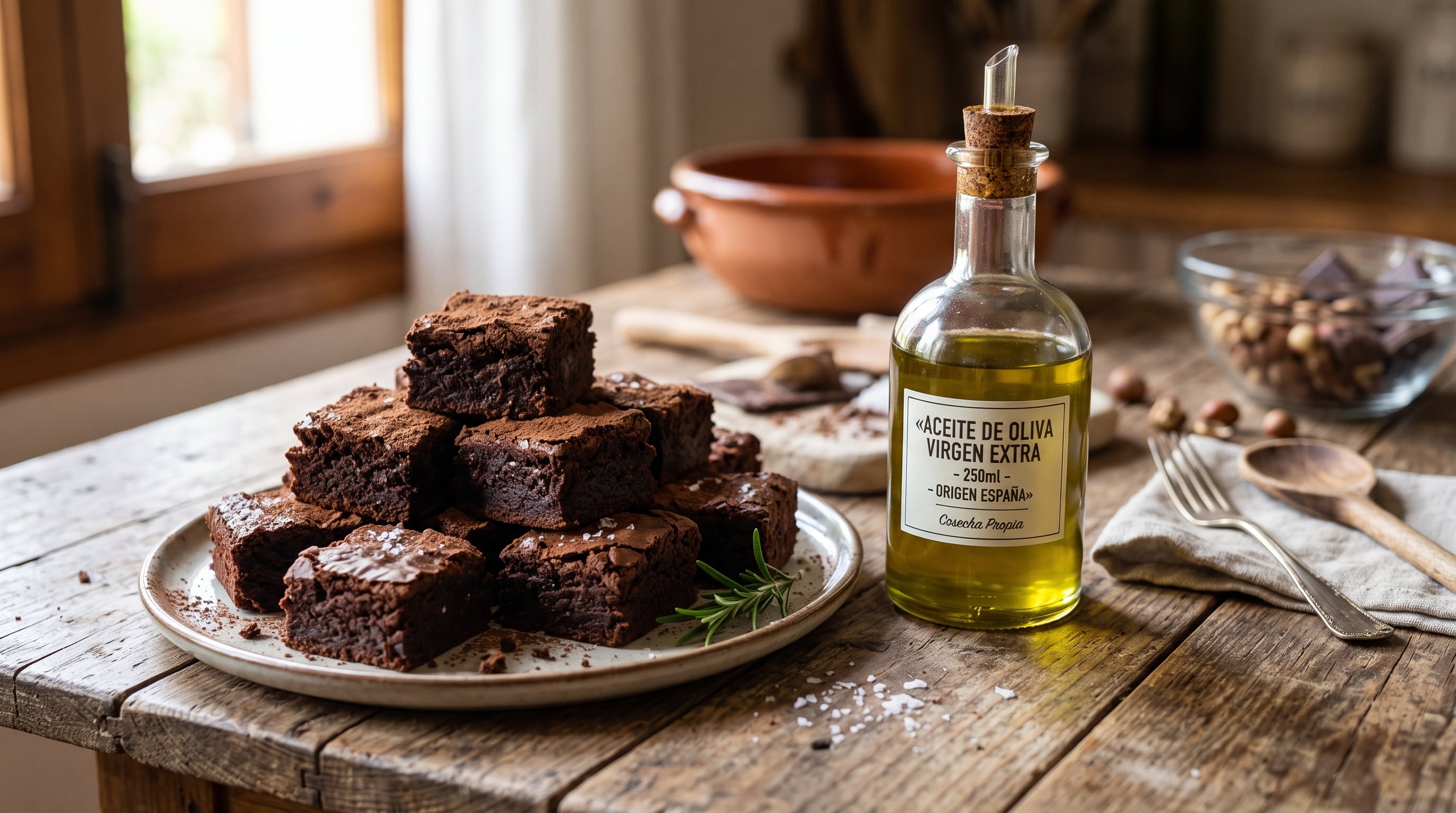 Un plato con brownies de chocolate espolvoreados con sal se encuentra junto a una botella de aceite de oliva virgen extra sobre una mesa de madera. (Imagen Ilustrativa Infobae)