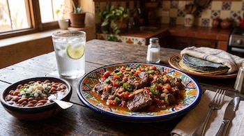 Plato de carne en salsa de jitomate, tazón de frijoles, tortillas de maíz, vaso con agua e hielo y cubiertos sobre una mesa de madera.