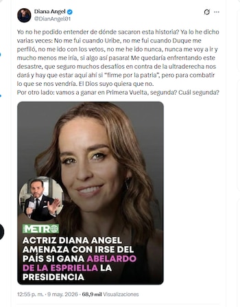 La actriz Diana Ángel aseguró que no se irá del país si gana Abelardo de la Espriella - crédito @DianAngel01/X