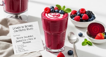 Un licuado de betabel y frutos rojos en un vaso alto, decorado con crema y bayas, con un tazón de frutas, rodaja de betabel y una receta en papel.
