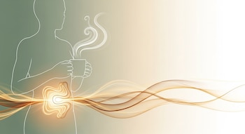 Ilustración conceptual de una silueta humana de perfil sosteniendo una taza humeante, con energía cálida y ondas doradas que emanan de su abdomen.