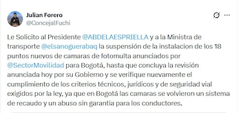 Julián Forero afirmó que las cámaras recaudaron $251 mil millones en 2024, $244 mil millones en 2025 y más de $100 mil millones este año en Bogotá - crédito