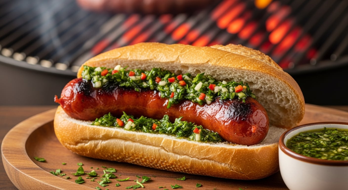 El choripán argentino es un ícono nacional, compuesto por chorizo asado en pan crujiente y acompañado de chimichurri o salsa criolla (Imagen Ilustrativa Infobae)