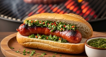 Primer plano de un choripán con chorizo a la parrilla y abundante chimichurri, servido en un pan crujiente sobre una tabla de madera, con una parrilla encendida de fondo.