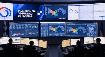 Pantalla de video grande con gráficos, mapas de Panamá, texto "Inversión en Seguridad de Panamá" y "Data 2023". Cuatro operadores en escritorios con monitores. Bandera de Panamá.