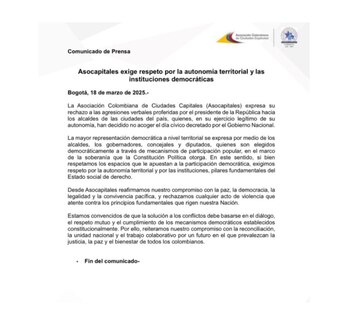 Con este fuerte comunicado, Asocapitales