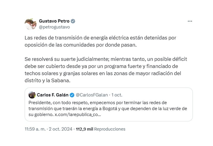 Trinos con los que Petro aconsejó al alcalde galán para contrarrestar las crisis de agua y la que se vaticina de electricidad para el 2025. (Crédito: @petrogustavo / X)