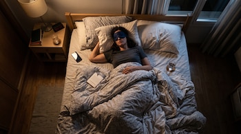 Vista superior de una mujer acostada en una cama con un antifaz azul, junto a una mesa de noche con un reloj digital que marca las 03:17.